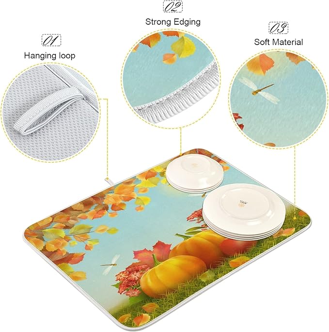 Autumn Thanksgiving Day Pumpkins Maple Dish Drying Mat for Kitchen Counter 18 x 24 Inch Flowers Dragonfly Leaves Dry Dishes Pads Mats Absorbent Countertops Counter Tableware Mat Protector Home Decor