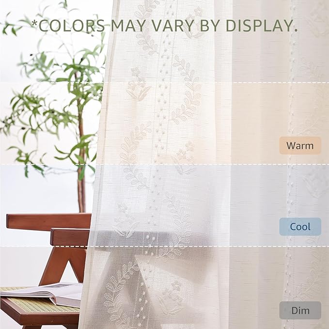 jinchan Belrose Linen Curtains for Bedroom Floral Curtains 96 Inch Length Linen Blend White Embroidered Drapes Farmhouse Flower Patterned Drapes for Living Room Window Treatments Set 2 Panels