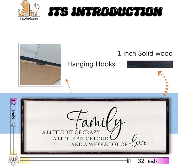 Foutcheou Family A Little Bit Of Crazy Wall Decor Sign 32"×12" Large Family Signs for Living Room Hanging Wall Art (Black)