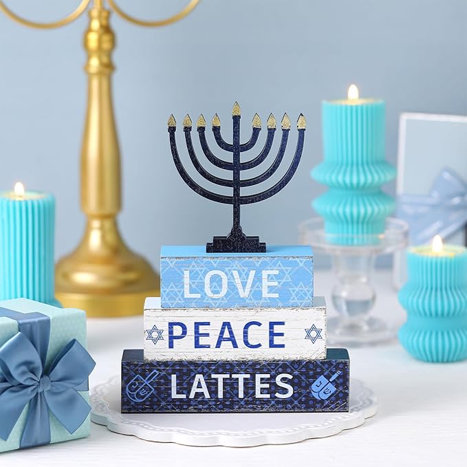 Geelin 4 Pcs Hanukkah Decorations for Home 3 Layered Wood Block with Dreidel Star of David Menorah Hanukkah Decor Blue and White Jewish Judaism Chanukah Decor for Mantel Tabletop Party
