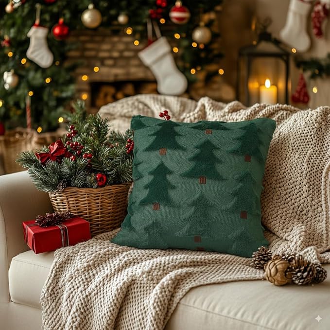 GEEORY Christmas Pillow Covers 18x18 Inch Set of 2, Christmas Decorations Xmas Tree Soft Plush Fluffy Faux Fur Decorative Throw Pillows Rustic Winter Decor Cushion Case Green Brown GC033-18