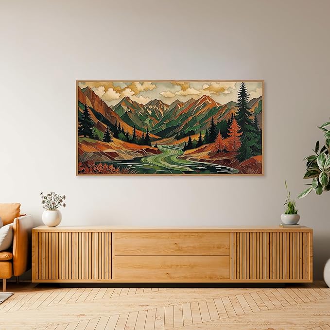 HPINUB Abstract Boho Mountain Framed Canvas Wall Art Set,Vibrant Forest Pine Tree Wall Decor,Textured Landscape Artwork Rustic Linear Scenery Art Print for Living Room,Bedroom,Office-20 x40