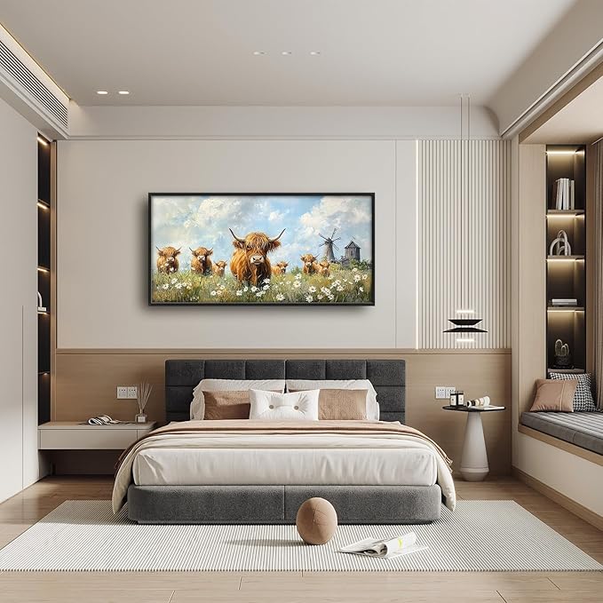 Flintis Large Highland Cow Barn Framed Wall Art Farmhouse Highland Cattle Daisy Pictures Wall Decor Abstract Canvas Painting Print Artworks Framed for Living Room Bathroom Master Bedroom 60L X 30W