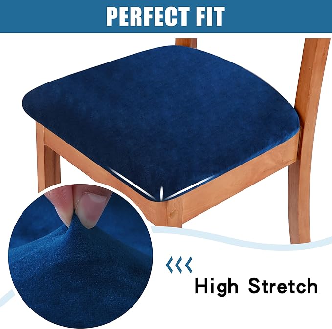 Smiry Velvet Seat Covers for Dining Room Chair Set of 6, Stretch Fit Removable Washable Chair Seat Cushion Protector Slipcovers with Ties, Federal Blue