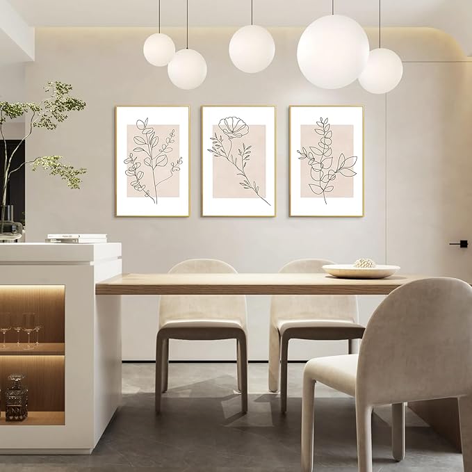 CHDITB Floral Line Framed Canvas Wall Art Set, Minimalist Flower Wall Decor, Neutral Beige Plants Wall Painting, Abstract Botanical Leaf Stripe Art Print for Living Room, Bedroom, Office - 16"x24"x3