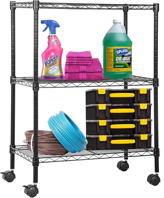 PayLessHere | 3-Tier Wire Shelf with Wheels | 23"x13"x31" | Black | Adjustable Racks | Heavy-Duty Storage Shelves, Holds Upto 170 lbs | Rust-Resistant, No-Tool Assembly | for Home, Garage Shelving