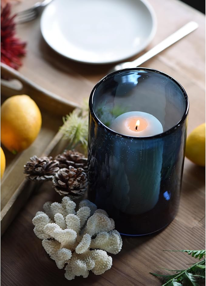 ARIAMOTION Glass Hurricane Candle Holder for Pillar Blue Cylinder Vase Flower Centerpiece Seeded Bubbles Modern Table Decoration for Kitchen Living Room 8 Inch 5 inch Diam