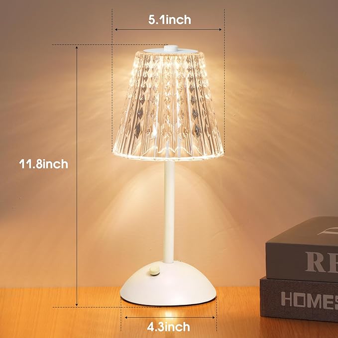 Cordless Touch Table Lamp, LED Rechargeable Small Dask Lamp, 3 Colors Dimmable Battery Operated Crysta Lamp for Bedroom Restaurant Kitchen Home Decor, White