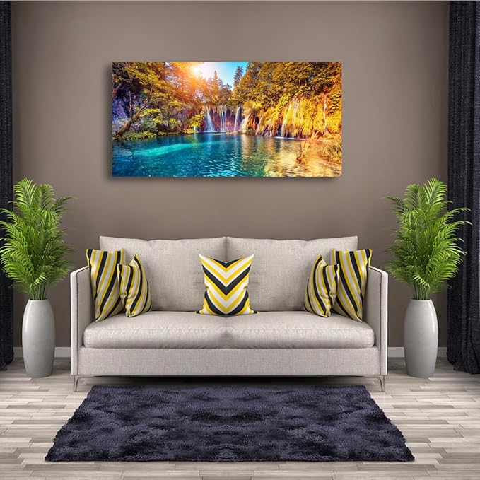 Lake Water Pictures Canvas Wall Art for Living room Bedroom Wall Decor,Waterfall Wall Art Print Paitnings for home Decor,Morden Artwork Sunset Tree Canvas Art Waterproof Stretched Ready to