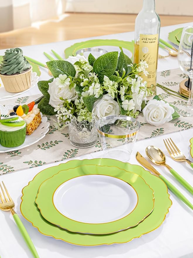 WDF 150Pcs Green Plates Disposable - Baroque Green and Gold Plates - 25Guest Plastic Dinnerware Ideal for Party/Spring/Picnic