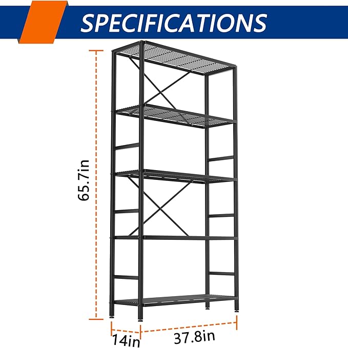 5-Tier Heavy Duty Garage Shelving Unit,Standing Storage Shelf,Metal Wire Rack Shelf Suitable for Laundry Rooms,Bathrooms,Kitchen Storage Rooms,Wardrobes(Black,37.8L x 14W x 65.7H)