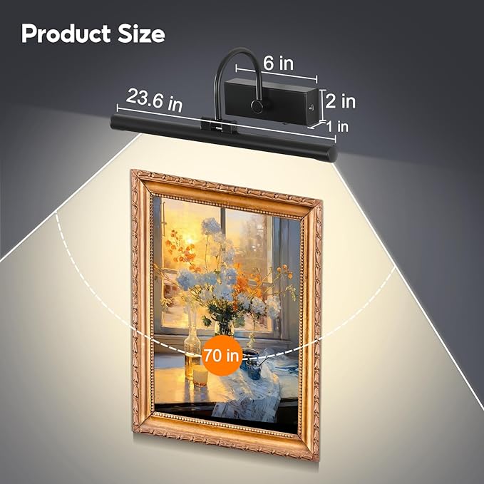 24" Picture Lights for Wall Battery Operated with Remote and Timer, Wireless Art Lights for Paintings, Rechargeable Wall Sconce, Dimmable Lighting for Canvas, Gallery Artwork, Portraits, Black