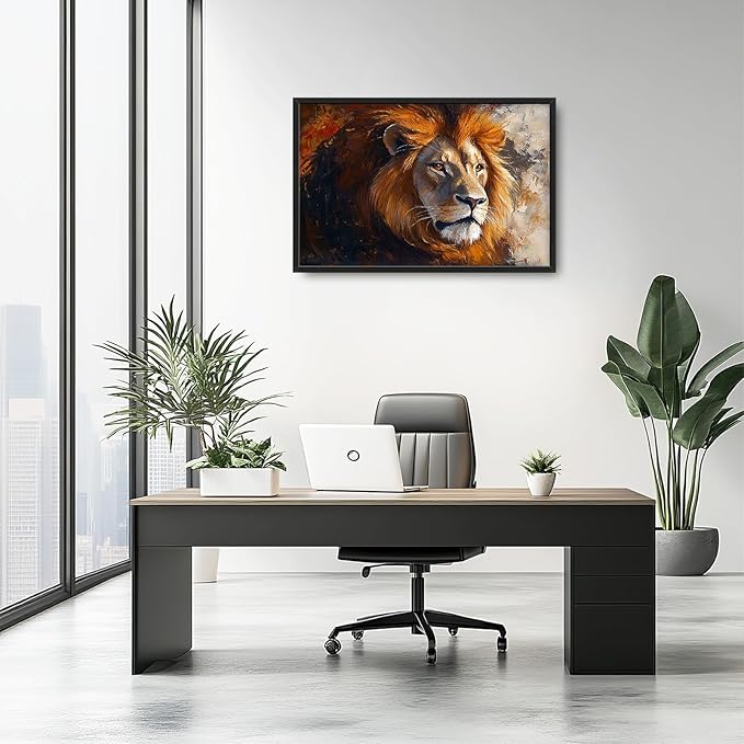 Lion Framed Wall Art for Living Room, Large Brown Lion Canvas Wall Decor, Wild Animal Pictures Painting, Modern Artwork for Bathroom Bedroom Office 36L'' × 24W''