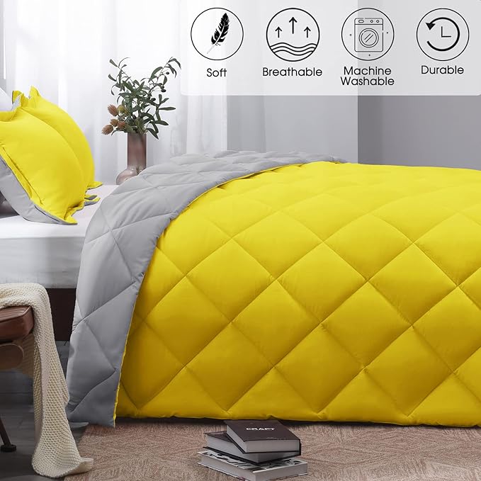 Basic Beyond Twin Comforter - Reversible All-Season Twin Bed Set, Yellow & Grey, 1 Comforter & 1 Pillow Sham