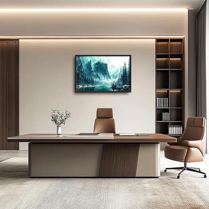 Framed Large Wall Art for Living Room, Mountain Lake Canvas Wall Decor, Forest Tree Pictures Painting, Modern Landscape Artwork for Bedroom Office 36L'' × 24W''