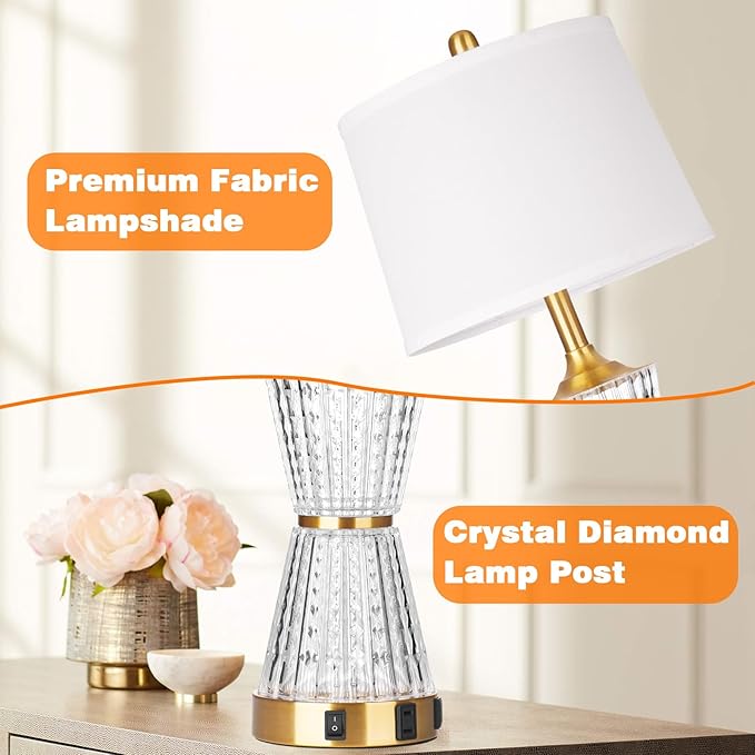 26" Modern Table Lamps, Gold Set of 2 Table Lamps Night Light with 2 USB Charging Ports & AC Outlet, Bedside Nightstand Lamp White Shade for Living Room Bedroom Home Decor(2 LED Bulbs Included)