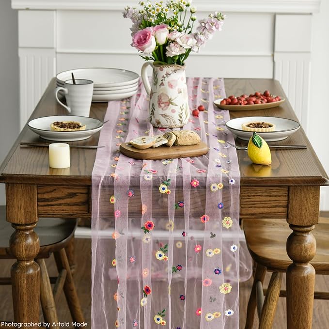 Artoid Mode Pink Embroidery Daisy Gauze Table Runner 120 Inch 10FT, Seasonal Sheer Kitchen Dining Holiday Wedding Birthday Table Decor for Home Party