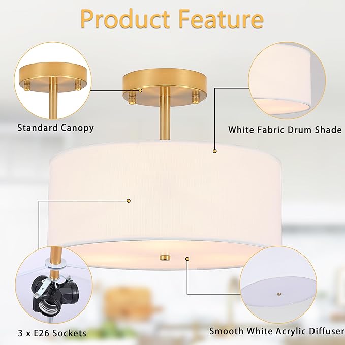 3-Light Semi Flush Mount Ceiling Light Modern Gold Drum Light Fixtures with White Fabric Cover Shade Round Chandelier for Bedroom Living Room Kitchen and Hallway