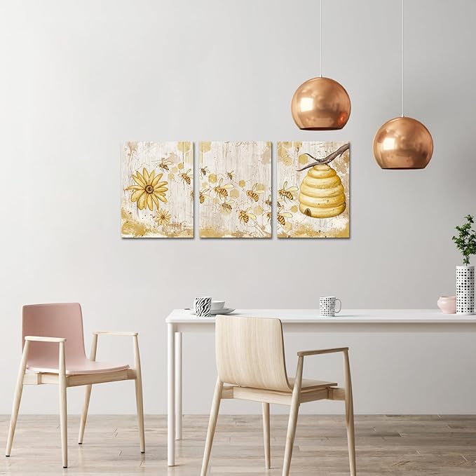 FuShvre Vintage Yellow Wall Art Honey Bee Canvas Painting Picture Bee and Flower Daisy Artwork for Kitchen Famrhouse Decor Framed 12"x16" Each (Small, White)