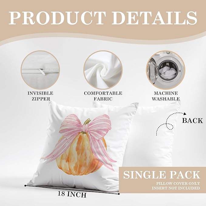 Coquette Pink Bow Pumpkin Fall Pillow Covers 18x18, Preppy Fall Decor, Pink Girly Pumpkin Autumn Decorative Throw Pillow Covers for Girls Room Home Dorm Bedroom Living Room