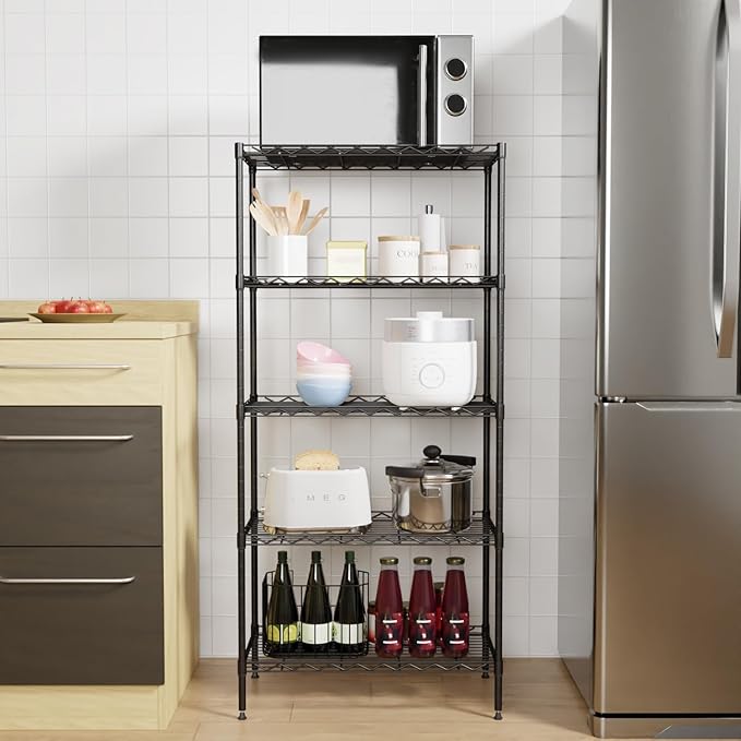 PayLessHere | 5-Tier Wire Shelf | 21"x11"x48" | Black | Adjustable Racks | Heavy-Duty Storage Shelves, Holds Upto 750 lbs | Rust-Resistant, No-Tool Assembly | for Home, Garage Shelving