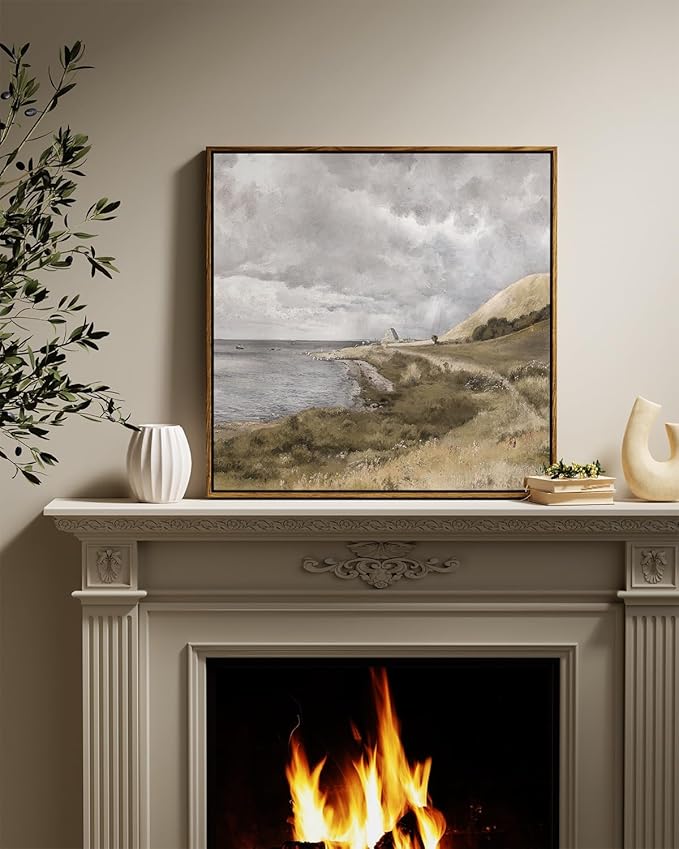 InSimSea Square Framed Canvas Wall Art, Large Decor Danish Coastal Landscape Paintings, Seaside Scenery Wall Pictures for Bedroom Bathroom Living Room, Canvas Prints Vintage Decor 24"x24"