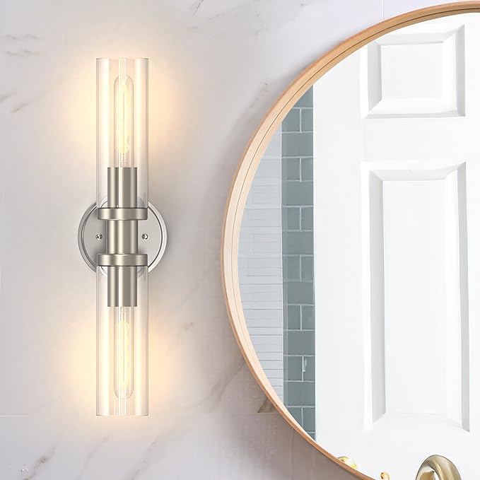 Espird Bathroom Light Fixtures 2-Light Brushed Nickle, Bathroom Vanity Lights Over Mirror, Wall Sconces, Industrial Lighting, Modern Brushed Nickle Vanity Lighting Fixtures w/Glass Shades