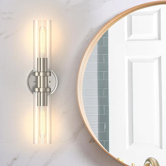 Espird Bathroom Light Fixtures 2-Light Brushed Nickle, Bathroom Vanity Lights Over Mirror, Wall Sconces, Industrial Lighting, Modern Brushed Nickle Vanity Lighting Fixtures w/Glass Shades