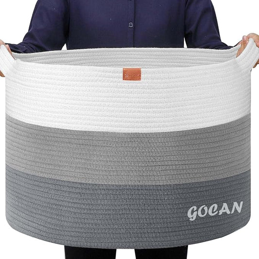 Laundry Basket Cotton Rope Woven for Blankets Storage Basket with Handles for Living Room (Mixed Grey)
