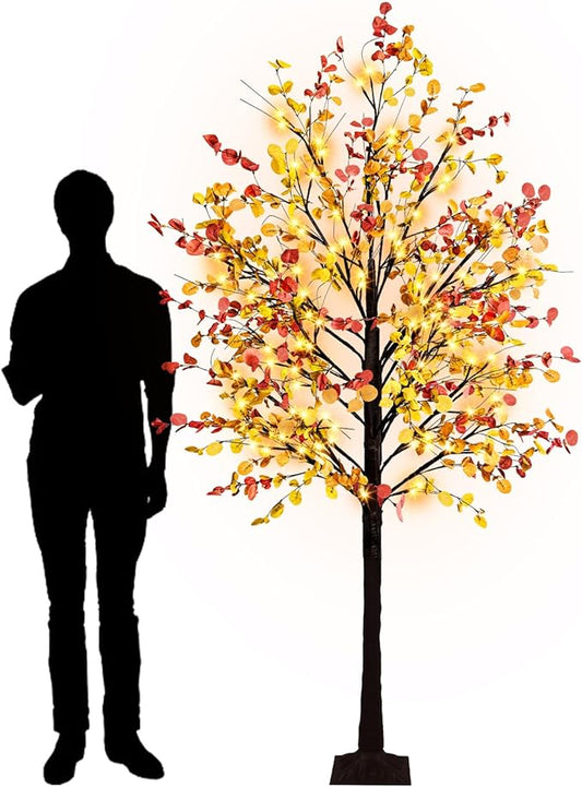 8FT Fall Lighted Eucalyptus Tree with 160 Led Lights Artificial Fall Light Up Tree Large Fake Autumn Tree Lights for Indoor Outdoor Fall Home Thanksgiving Christmas Decor