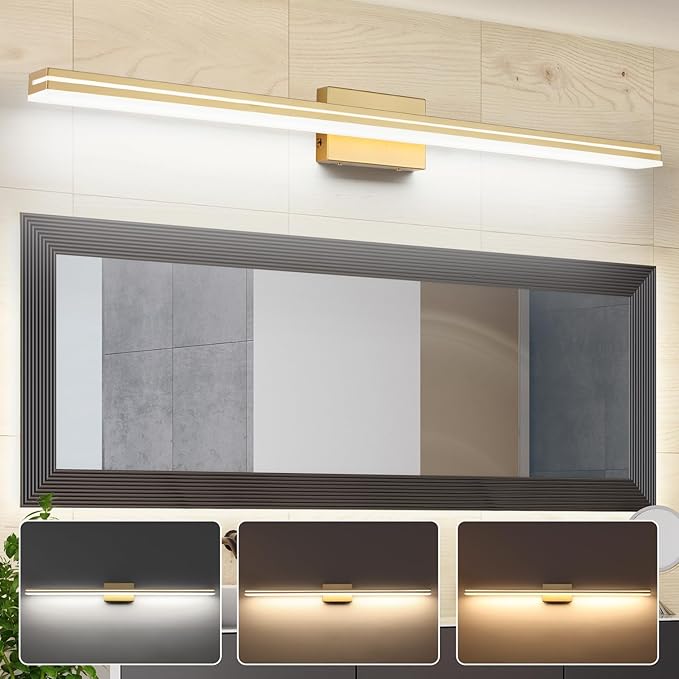 SineRise LED Modern Bathroom Vanity Light Fixtures (48-Inch, 3000K/4000K/6000K, Dimmable), Gold Modern Acrylic Bathroom Wall Lighting Fixtures Over Mirror