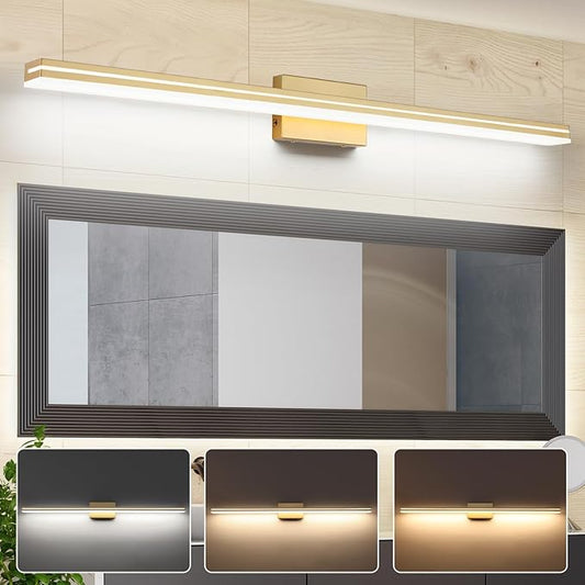 SineRise LED Modern Bathroom Vanity Light Fixtures (48-Inch, 3000K/4000K/6000K, Dimmable), Gold Modern Acrylic Bathroom Wall Lighting Fixtures Over Mirror