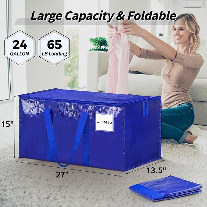 8 Pack Extra Large Heavy Duty Moving Bags, Blue Storage Bins with Lids, Reinforced Handles & Heavy-Duty Zippers Moving Boxes Storage Bags Totes for Clothes Packing, Dorms, College Supplies, Blue