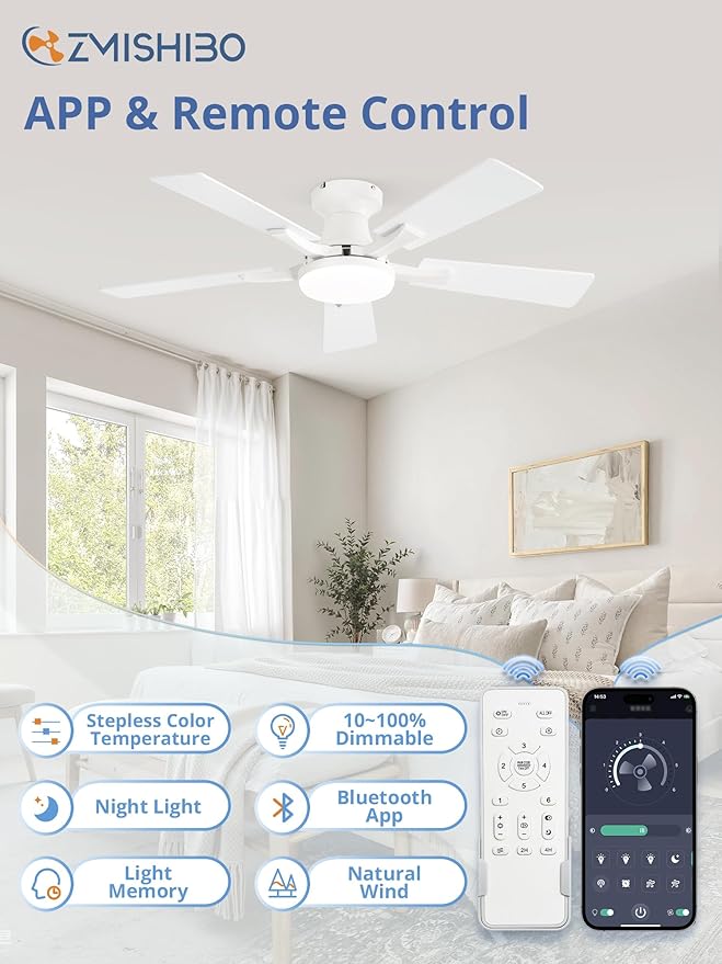 ZMISHIBO 42 Inch Ceiling Fan with Light, App&Remote Control, Flush Mount Low Profile, Dimmable 20W LED Light, Quiet Reversible Motor for Bedroom, Living Room, Apartment, White