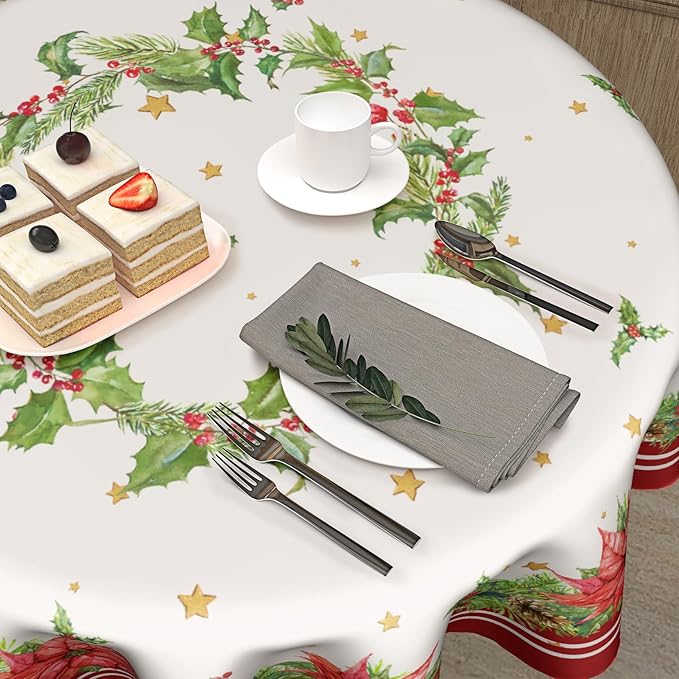 Kawani Christmas Round Tablecloth 60 Inch Holiday Tablecloth Decor Winter Merry Christmas Table Cloth Polyester Fabric Washable Xmas Table Cover for Kitchen Dining Room Outside Decoration