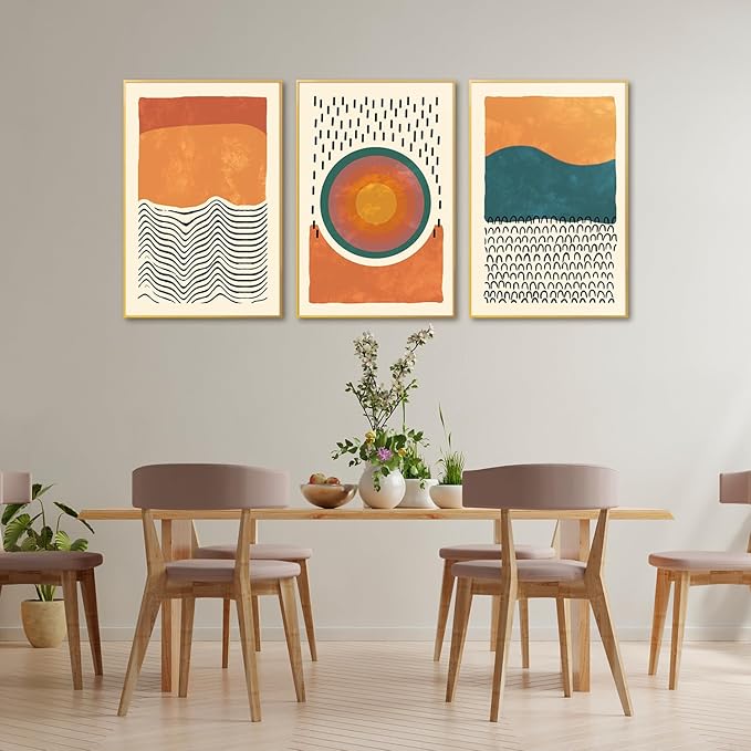 HPINUB Boho Abstract Framed Canvas Prints Wall Art Set, Mid-Century Color Block Shape Wall Decor, Minimalist Illustrations Art Photos for Living Room, Bedroom, Dining Room, Office, Bathroom -