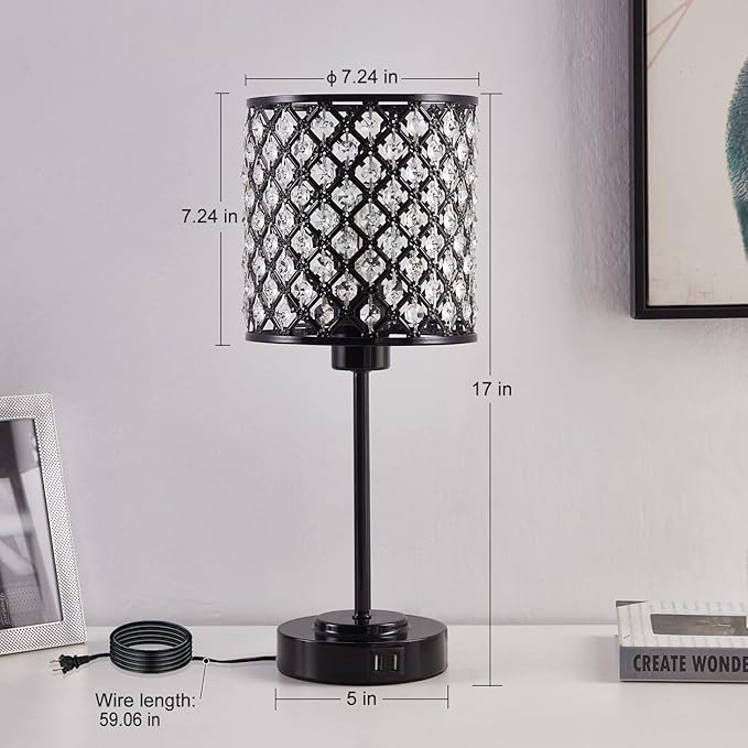 Crystal Touch Control Table Lamp with 2 USB Charging Ports, 3-Way Dimmable Black Crystal Table Bedside Lamp Nightstand Desk Light for Bedroom, Girls Guest Room, Living Room, Bulbs Included