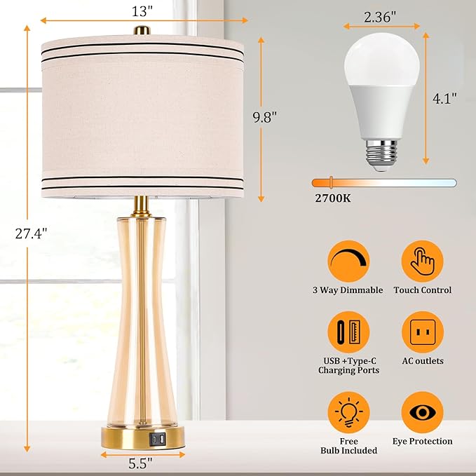 27.4''Table Lamps for Living Room Set of 2，3-Way Dimmable Modern Glass Bedside Lamps with USB Ports，Tall Lamps for Night Stands，Touch End Table Lamps for Bedroom Desk Lamps for Home Office（Glod）