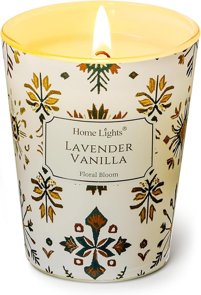 HomeLights Soy Wax Candles for Home Scented, 1-Wick Candles in Lavender Vanilla Scented, Aromatherapy Candles Gift for Parties, Relaxing, Bohemian Natural Textures, 6.7oz
