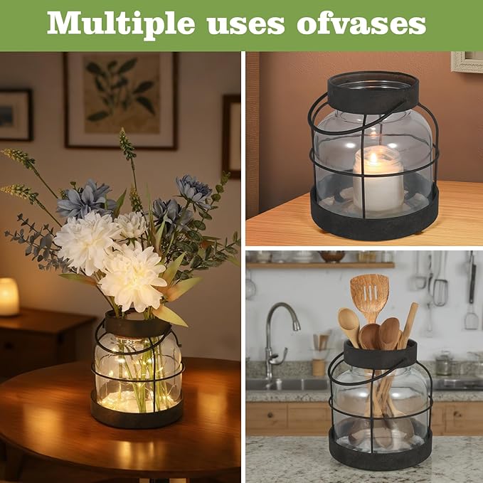Vintage Farmhouse Lantern Decor LED Lighted Vase, Rustic Glass Vase with Artificial Flowers, Farmhouse Table Centerpiece for Floral Arrangements with Hidden Switch Lid