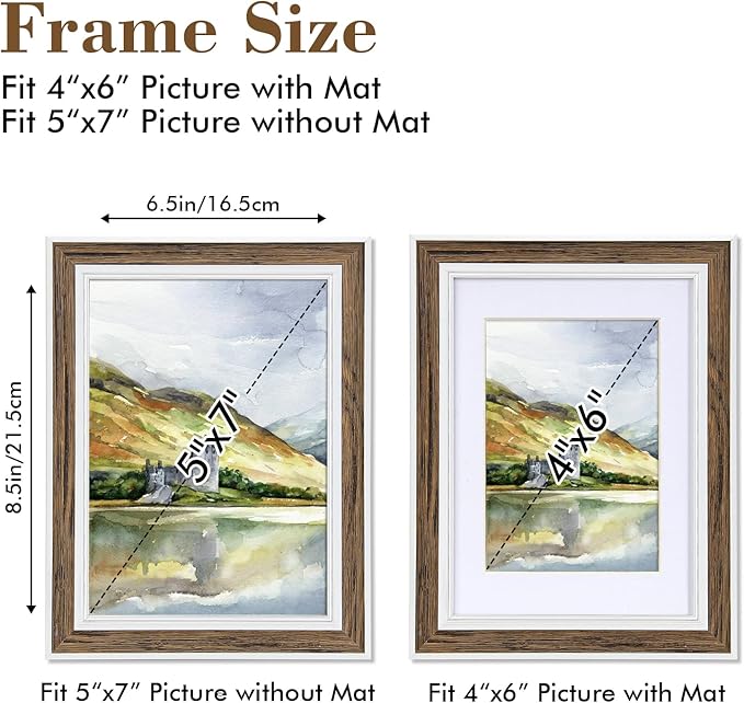 5x7 Picture Frame Set of 6, vintage picture frames Rustic Farmhouse Photo Frame, Display 4x6 with Mat or 5x7 Without Mat for Decorative on Wall Hanging Tabletop Placement