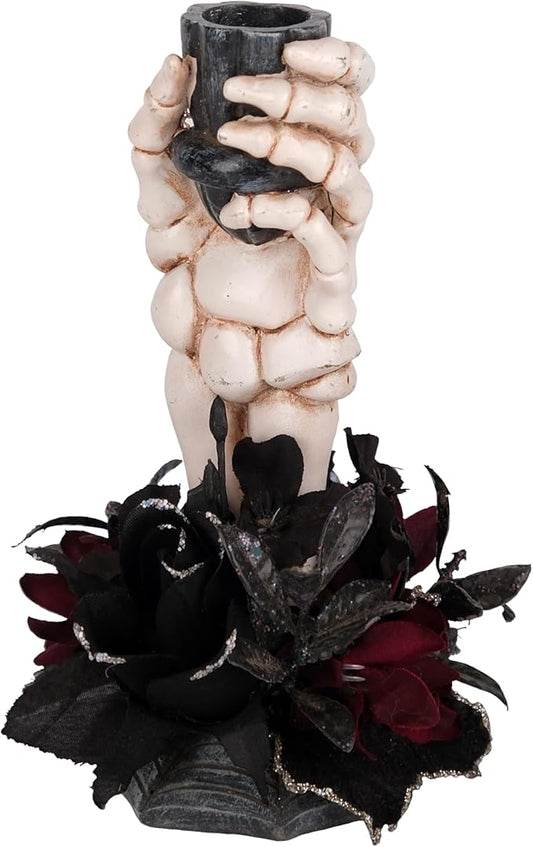 Halloween Candle Holder, Resin Skeleton Hand Candlestick with Black Faux Flower, Halloween Decor for Home Table, 7" Height