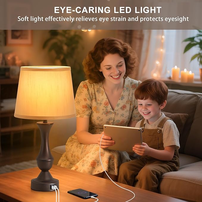 Luvkczc 22" Table Lamp Set of 2 - Farmhouse Vintage Brown Bedside Lamp with Brown Fabric Shade, 3-Way Dimmable, USB C+A Ports, Nightstand Lamp for Living Room Bedroom (Bulb Included)