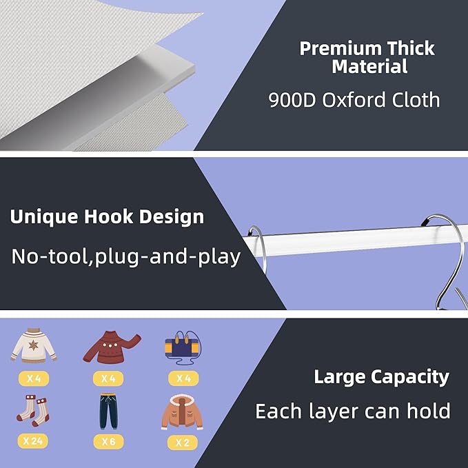 Twira 6-Shelf Hanging Closet Organizer, 2 Separable 3-Shelf Hanging Shelves, Hanging Storage with 3 Removable Drawers 4 Side Pockets, Storage Organizer for Closet, Nursery (Light Grey)