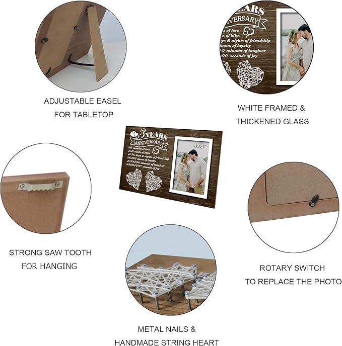 3 Years Anniversary for Her Him - 3rd Year Wedding Marriage Husband and Wife Picture Frame 4x6 Inches - 36 Months Couples Bedroom Decor with Photo