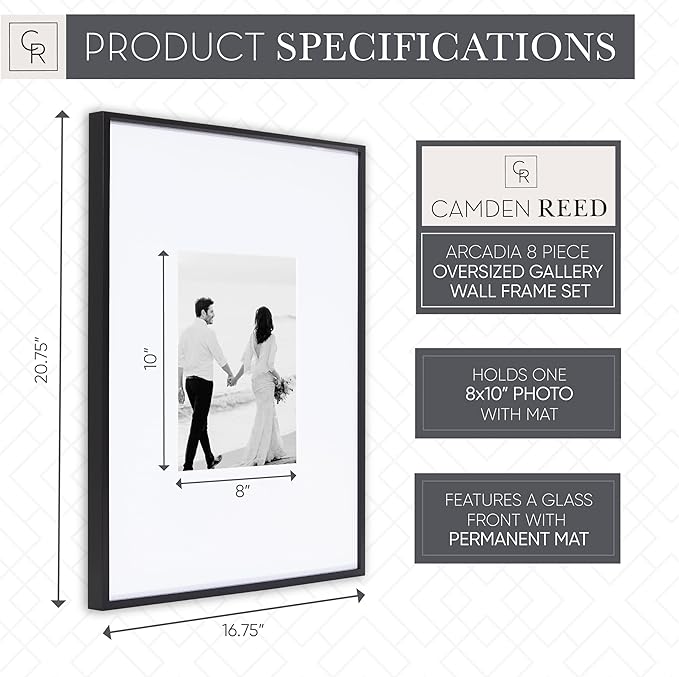 Camden Reed Arcadia 8 Piece Oversized Gallery Wall Frame, 16x20 and 16x16 Inch Matted Frames for Featuring 8x10 and 5x7 Inch Photographs or Art Prints, Black Finish