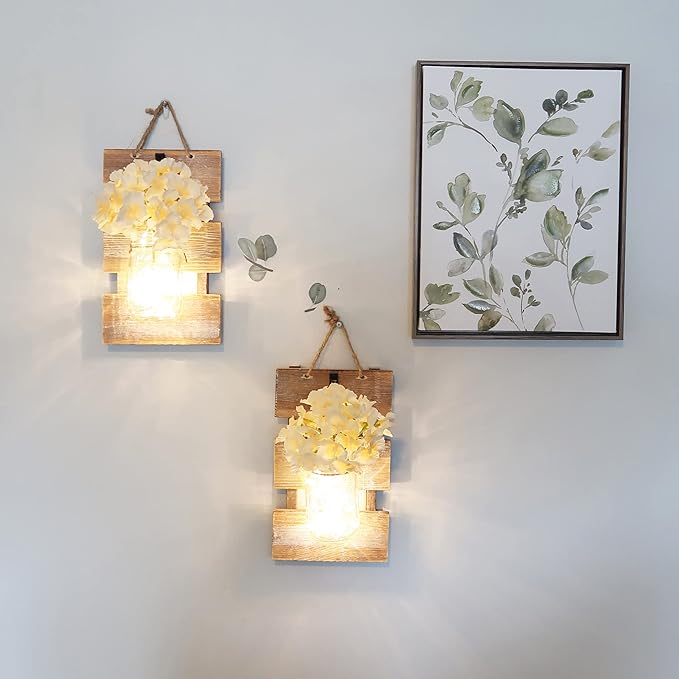 Besuerte Mason Jar Wall Sconces, Rustic Brown Wall Hanging Decor, LED Fairy Lights with Automatic On and Off 6-Hour Timer (Set of 2),Brown