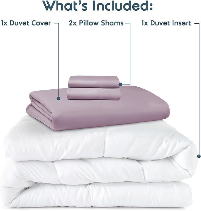 Nestl Queen Duvet Cover Set with Comforter Insert - Dusty Purple 4 Piece 90x90 Duvet Cover & 2 Pillow Shams with White Quilted Down Alternative Comforter, Ultra Soft, All Season