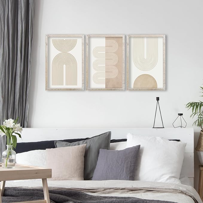 Wall Art Set of 3 Geometric Beige Spiral Wave 16"x11" Wooden Framed Mid Century Organic Abstract Neutral Sign Prints Nordic Boho Office Living Room Master Bedroom Wall Hang Decor (White)