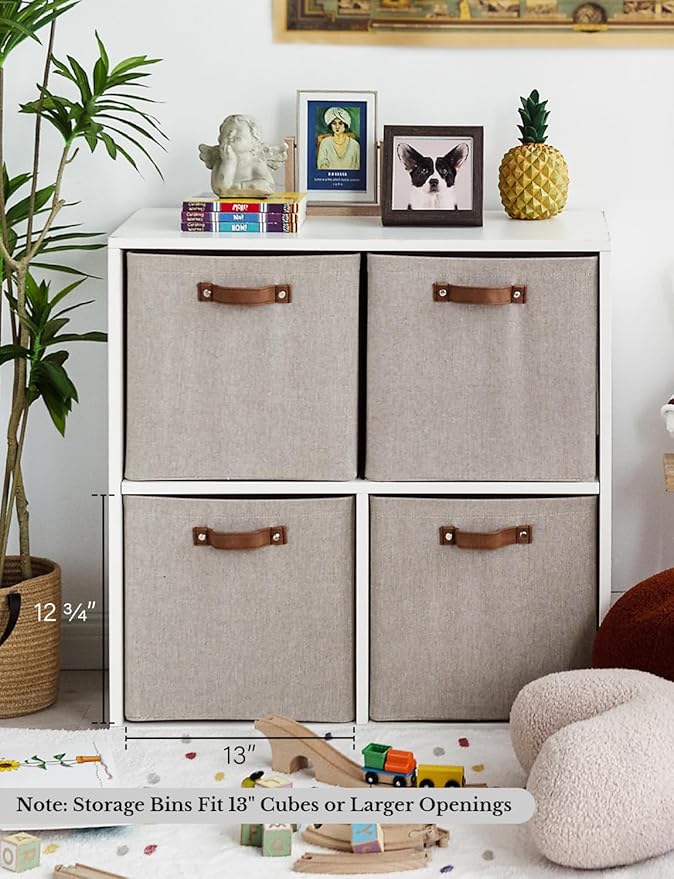 StorageWorks 13x13 Inches Storage Cube, Fabric Storage Bins with PU Handles, Collapsible Organizer Baskets for Closet, Brown and Beige, 4-Pack